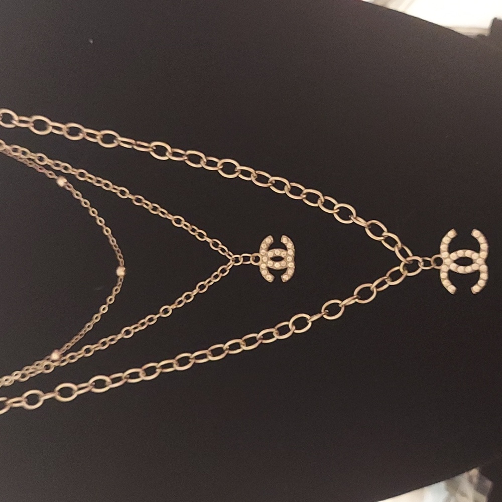 Designer Inspired Silver Tone Triple Layered Rhinestone Logo Necklace